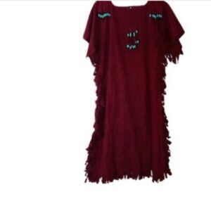 Vintage Handmade Womens T Shirt Dress Burgundy Fringed Beaded Southwest Boho M
